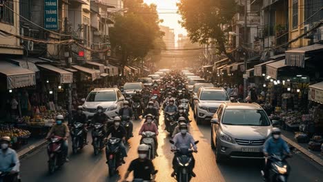 bustling asian city street with heavy traffic and motorbikes at sunset