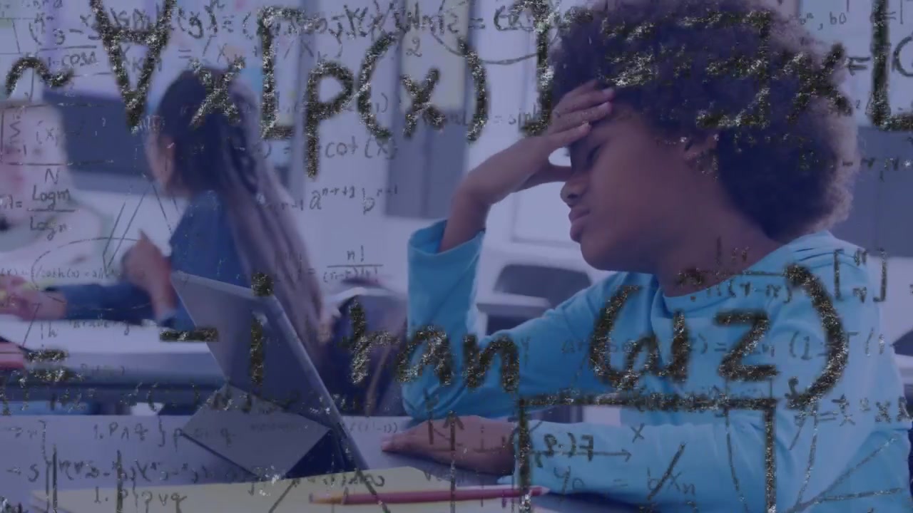 Boy tapping tablet and counting fingers while solving math, overlay over tablet, holding forehead