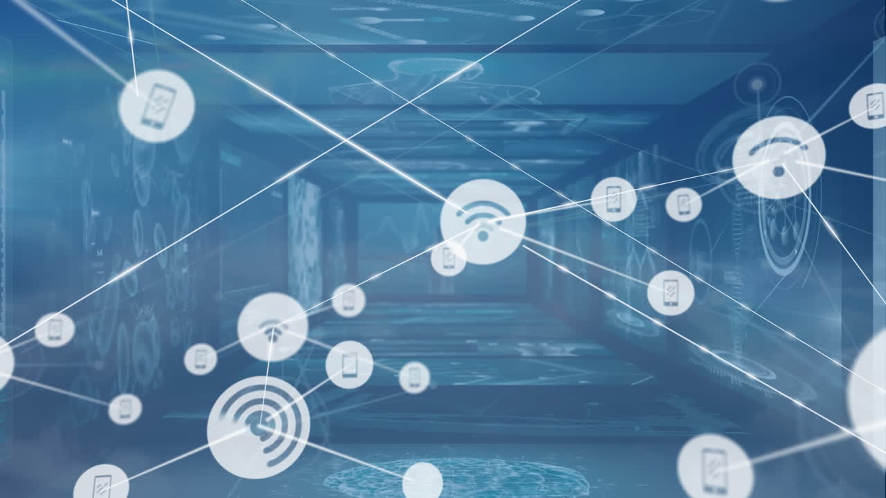 animación de la red de conexiones y procesamiento de datos a través de pantallas.