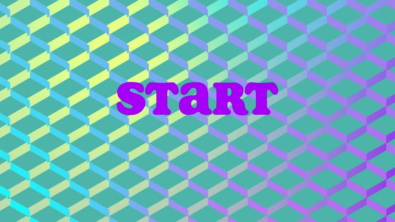 animación digital del texto de inicio contra un fondo de gradiente de cubo de neón