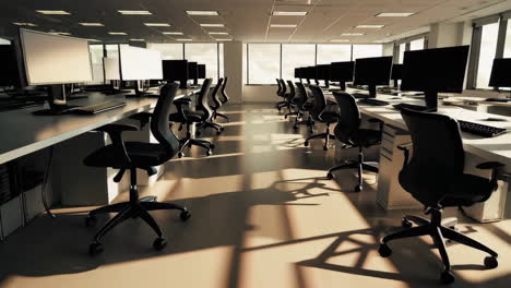 empty modern office space with rows of desks and computers