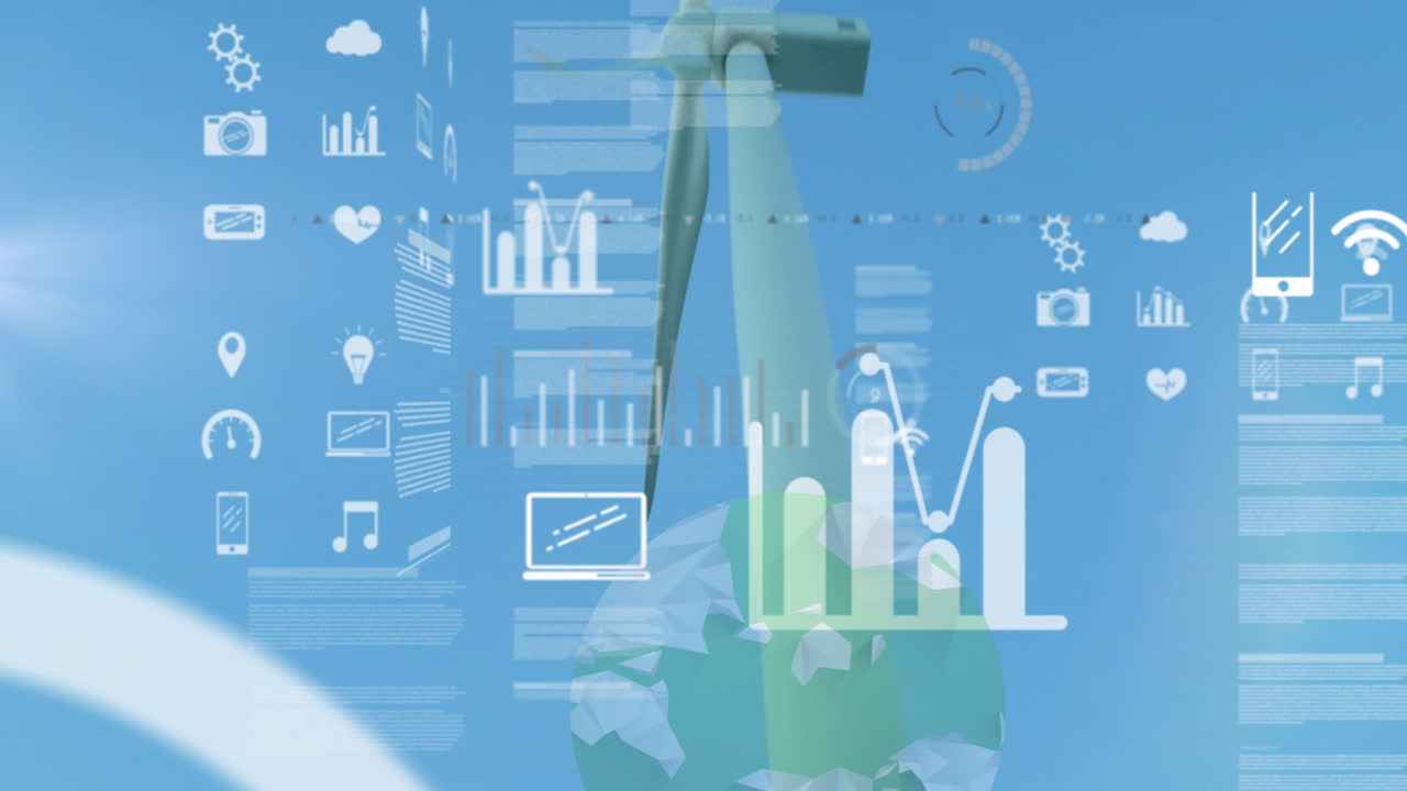 Animation of digital data and technology icons overlaying globe in school setting