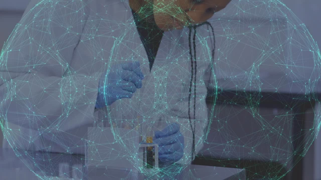 animazione di una rete di connessioni su una scienziata afroamericana in laboratorio
