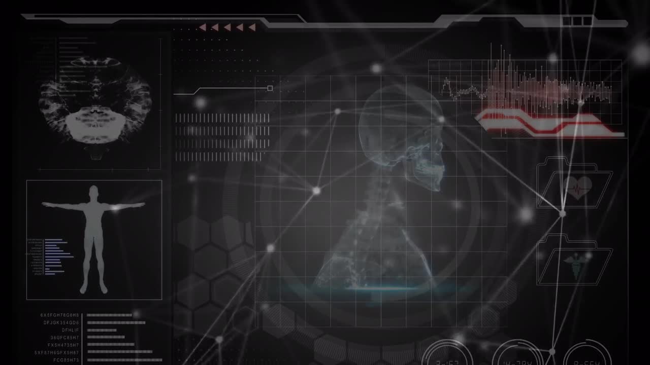 Animation of connections and diverse data on black digital screen