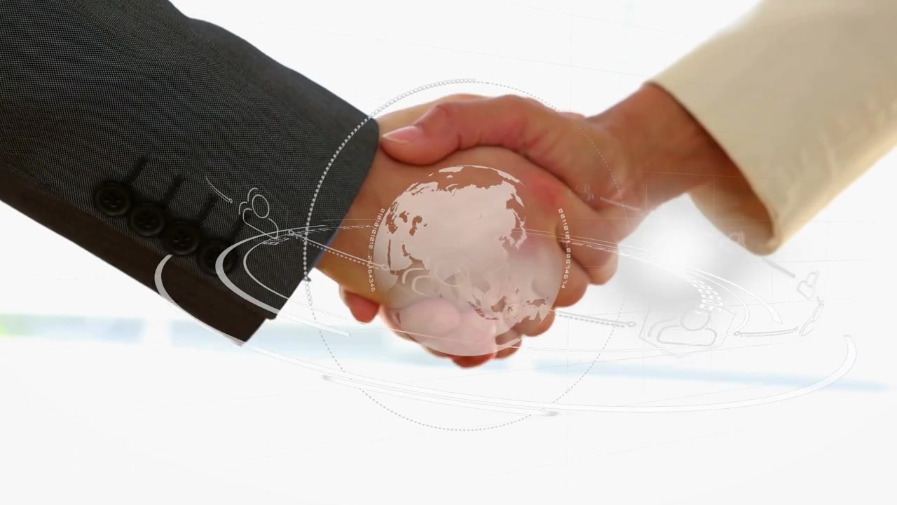 Socios de negocios entrando, dándose la mano mientras una superposición de globo se desvanece a gafas y un bolígrafo, cerrando un trato