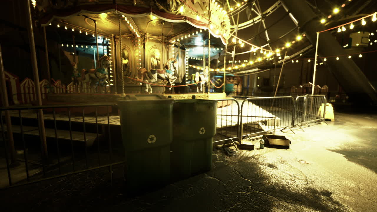 Empty night amusement deserted carnival beneath shimmering festive lights
