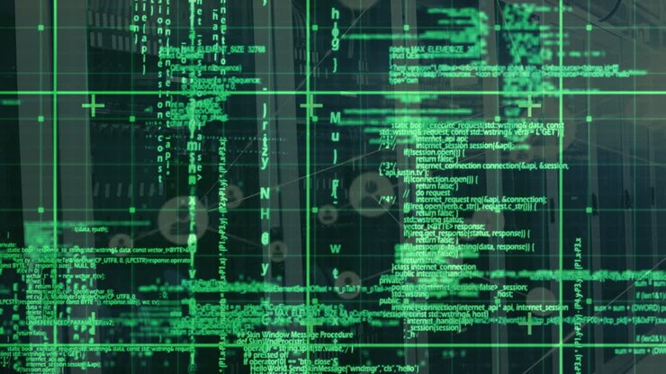 Animation of data processing in green over servers