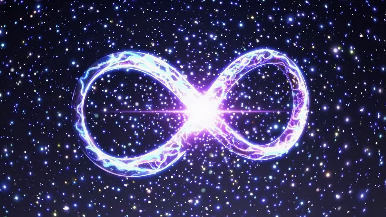 A cosmic infinity symbol glows with electric energy against a starry backdrop