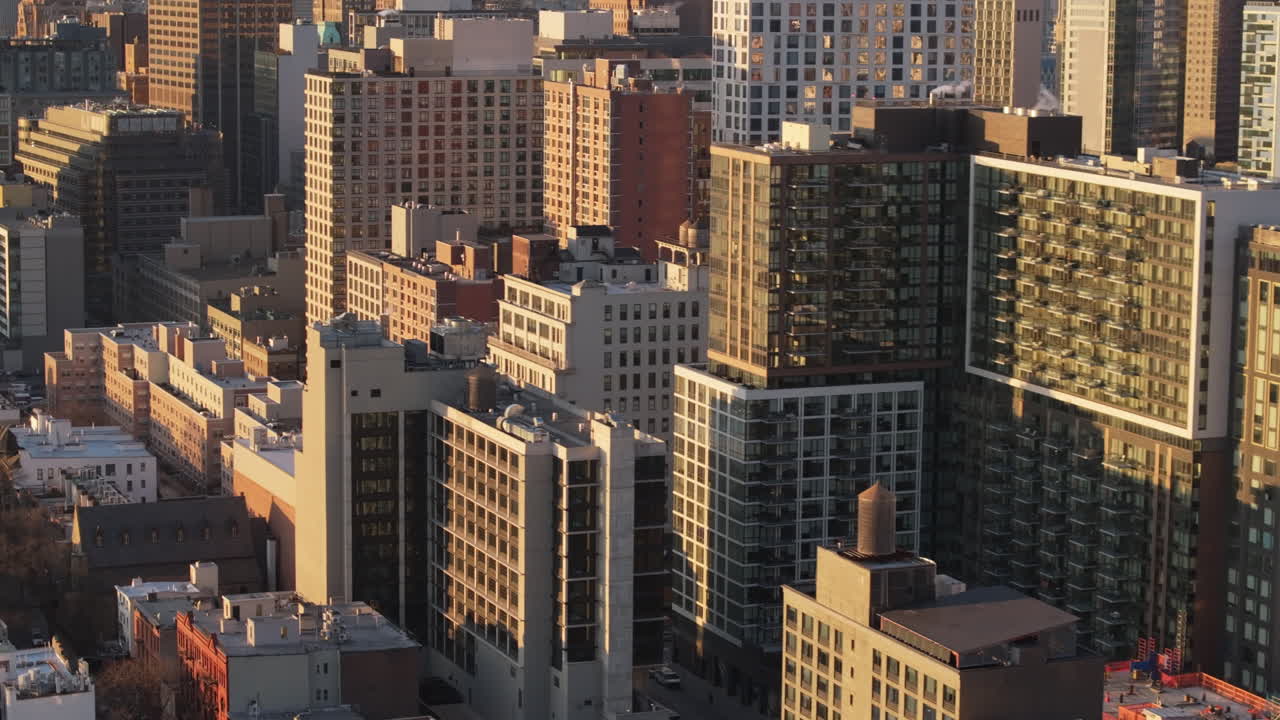 Aerial view of generic buildings in Downtown Brooklyn. Shot on a winter day in New York City.