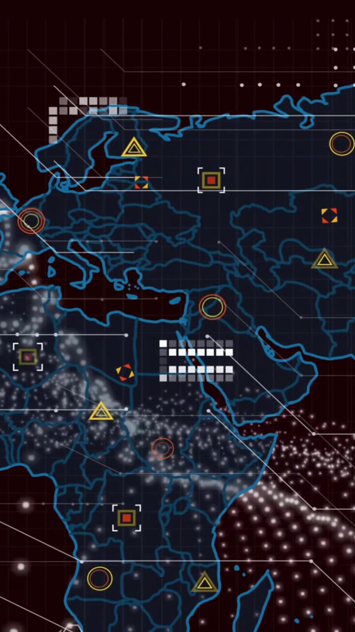Animation of mesh of connections and data processing over world map on dark background