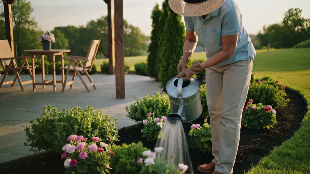 Giardiniere che innaffia, inclinando un annaffiatoio di metallo lungo un'aiuola accanto al patio, con un cappello di paglia.