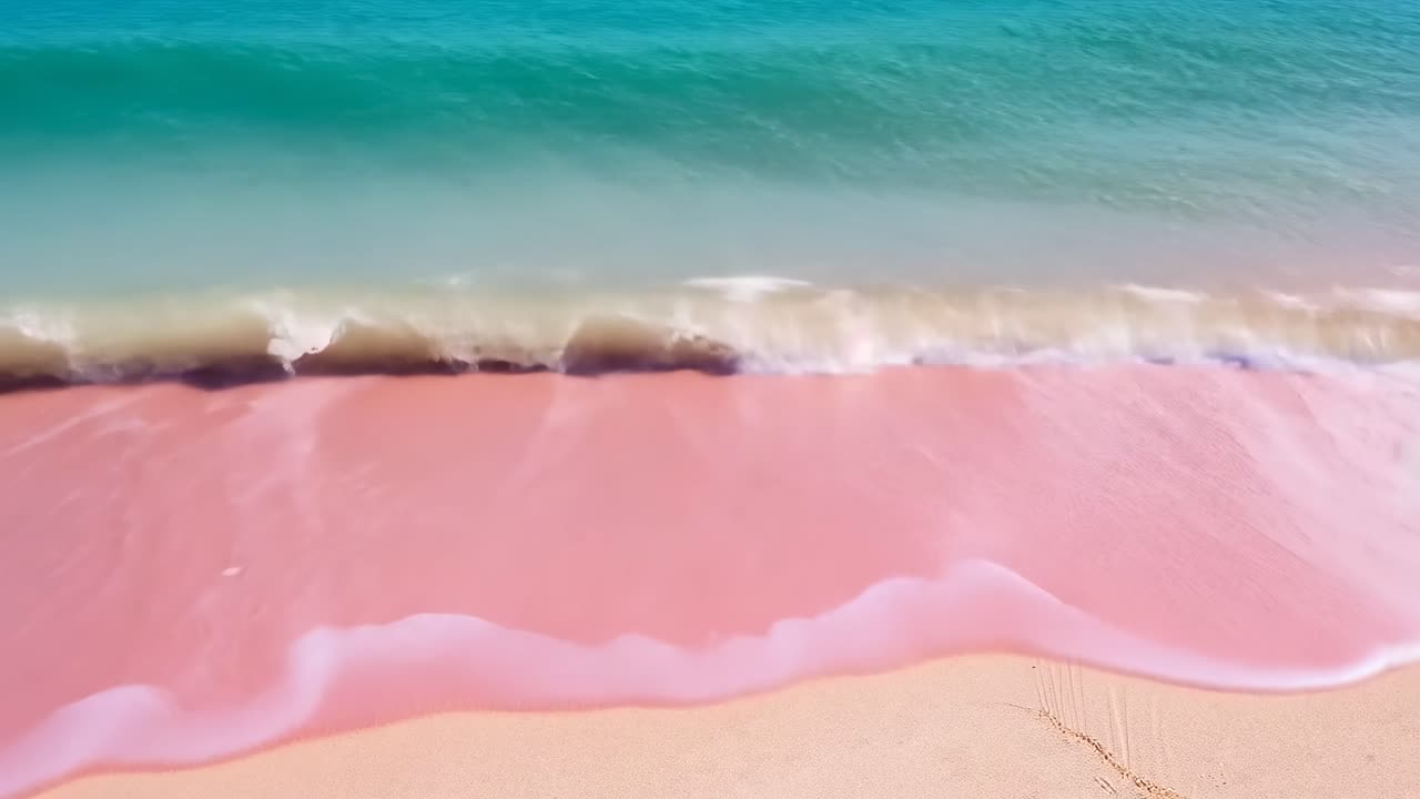 Aerial view of waves crashing on a pink sand beach, showcasing a serene and vibrant coastal scene