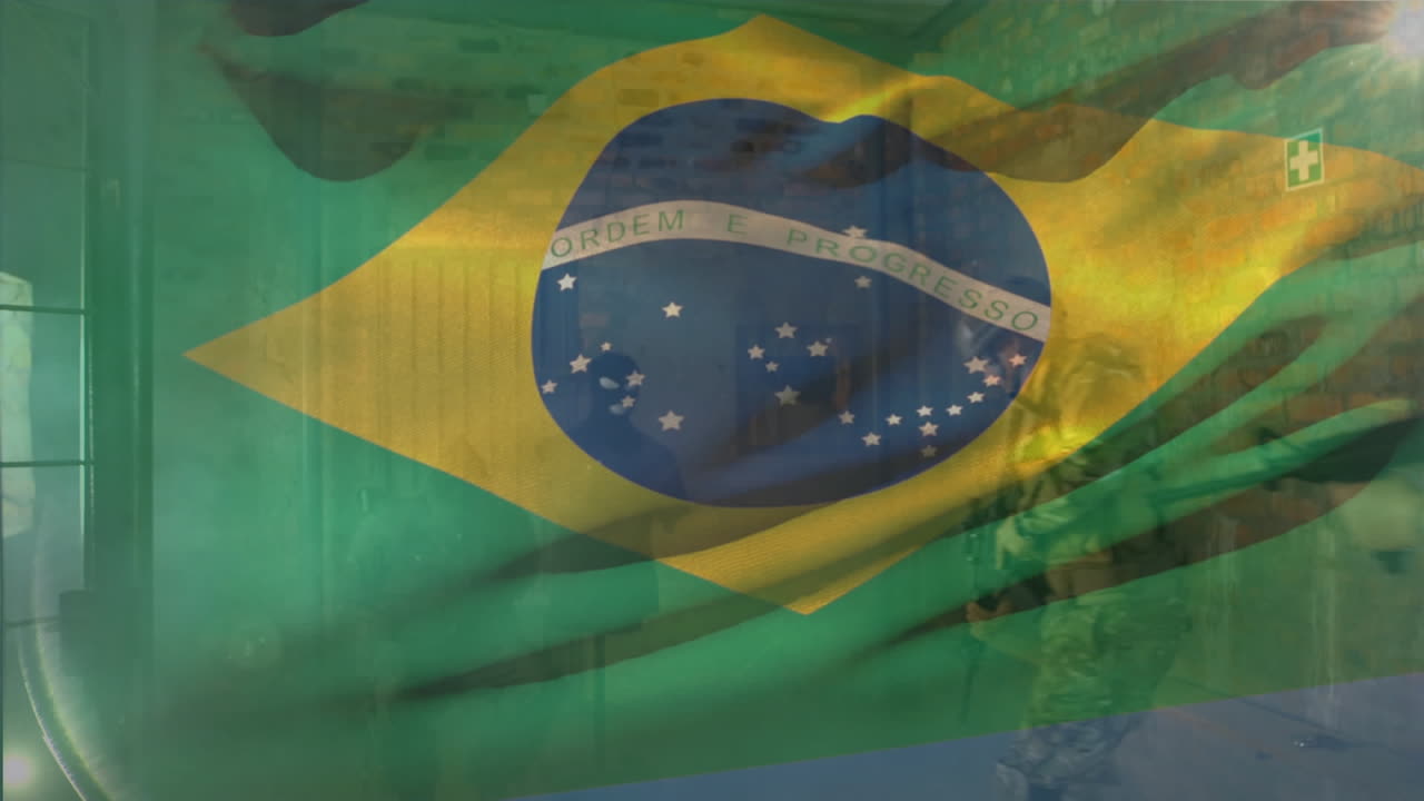 animación de la bandera de brasil sobre varios soldados con armas.