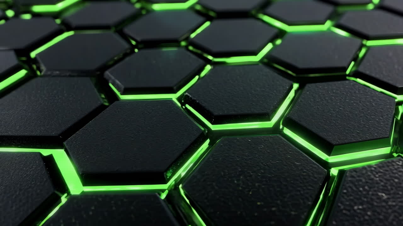 A black and green hexagonal pattern with neon green lights. The pattern is made up of small squares that are all connected to each other. Scene is energetic and dynamic