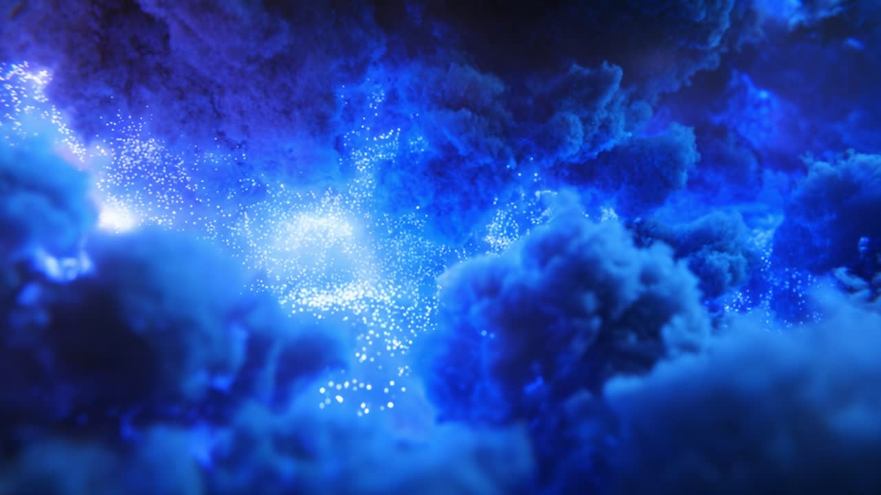 Captivating Cosmic Display: A Mesmerizing Journey Through a Nebulous Realm of Shimmering Blue Particles in a Cloudy Atmosphere with Ethereal Light Effects