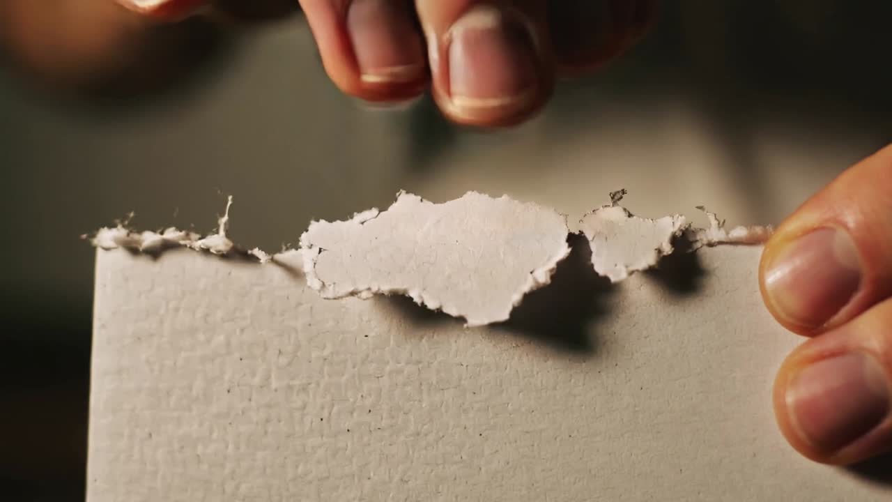 Spotting loose tear, bare hands pulling and tearing paper at tabletop to remove fragment