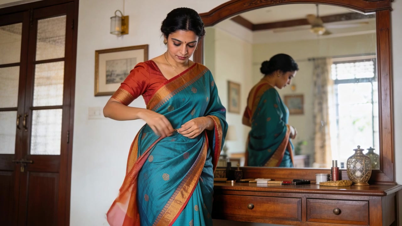 Donna in sari color verde acqua tiene l'estremità del sari, sistemando e rimboccando il pallu davanti allo specchio della toeletta.