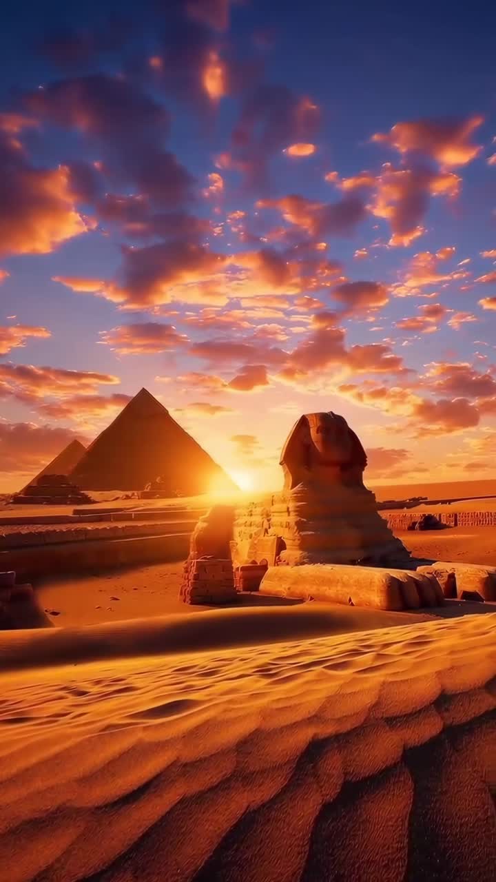 Video suggestivo al tramonto di piramidi e Sfinge da un'angolazione bassa, che evidenzia ombre e texture.
