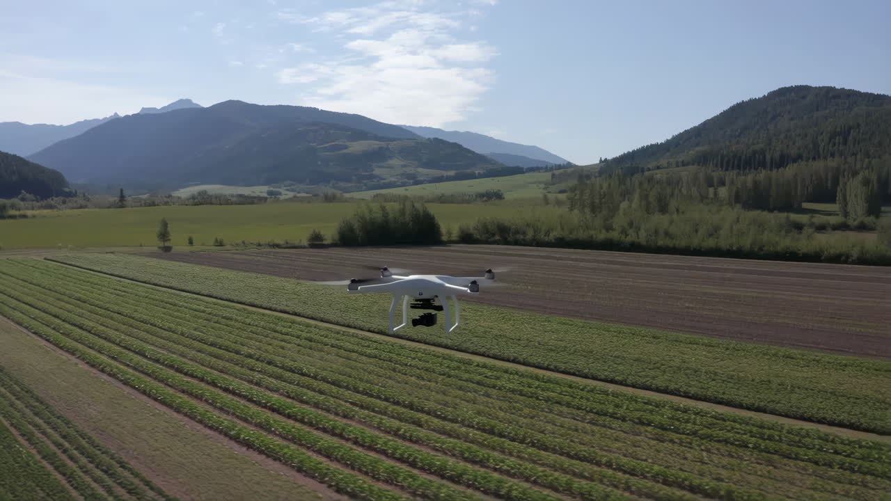 Drone flying over agricultural fields with mountains in the background
