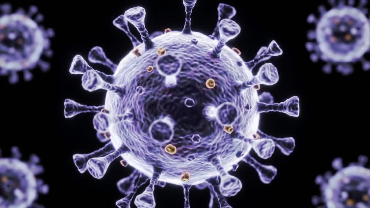 Detailed close-up visualization of a virus structure, showcasing its unique shape, filamentous spikes, and surface features, highlighting the microscopic intricacies of viral composition