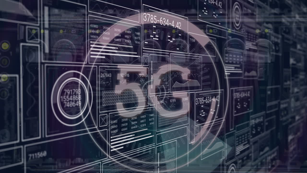 Animation of round scanner and interface with data processing against close up of a computer server