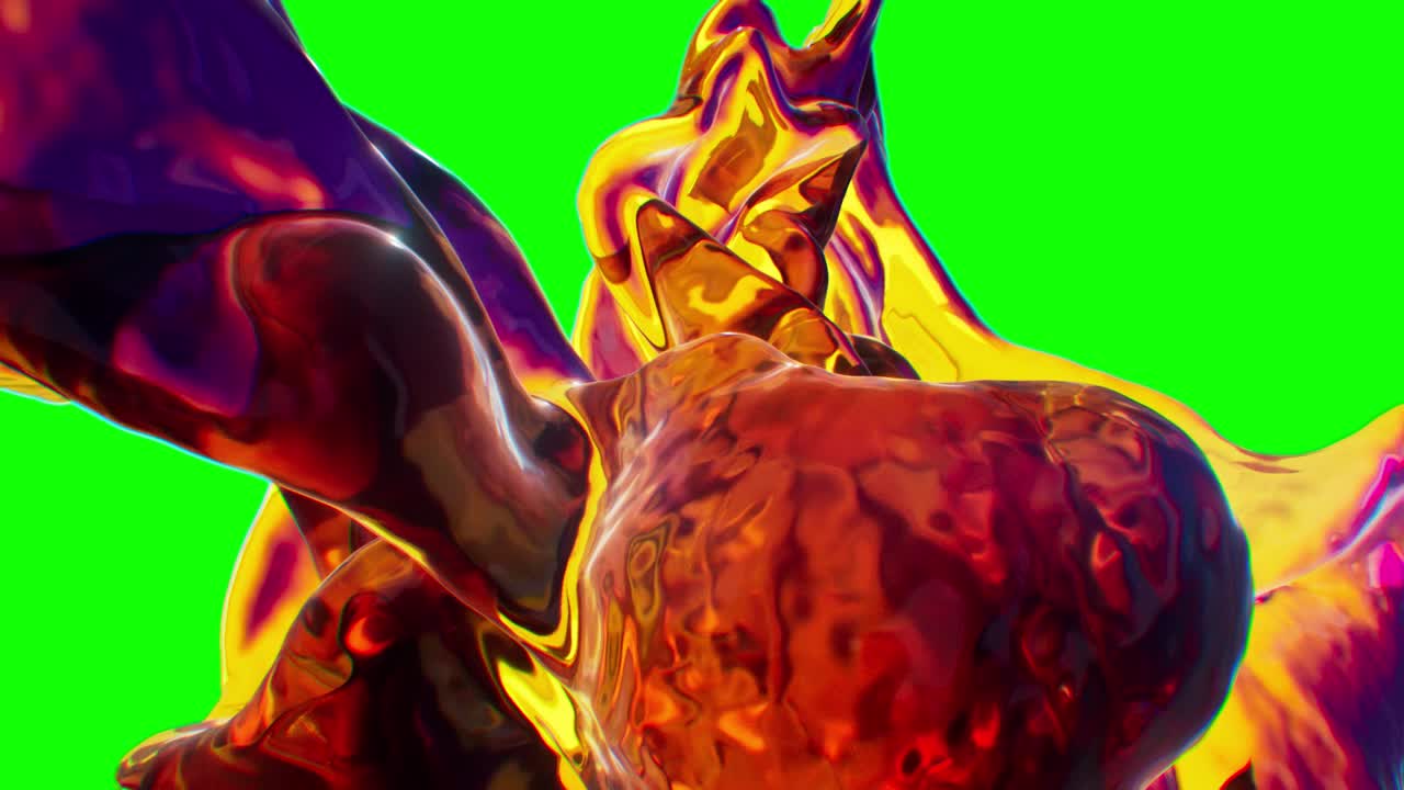 animación de agua líquida orgánica de colores naranja y amarillo, fluido 3d cgi de cámara lenta de fluido salpicado en pantalla verde