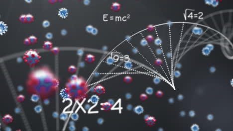 dna structure and mathematical equations against covid-19 cells on blue background