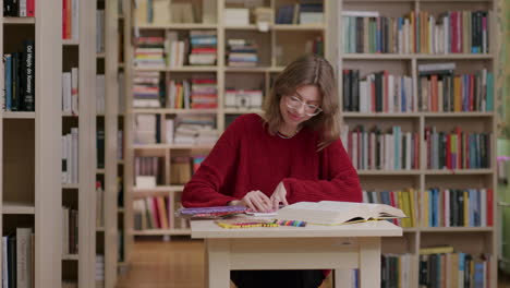 pleased caucasian student in library writes in book, looks up and smile, frontal