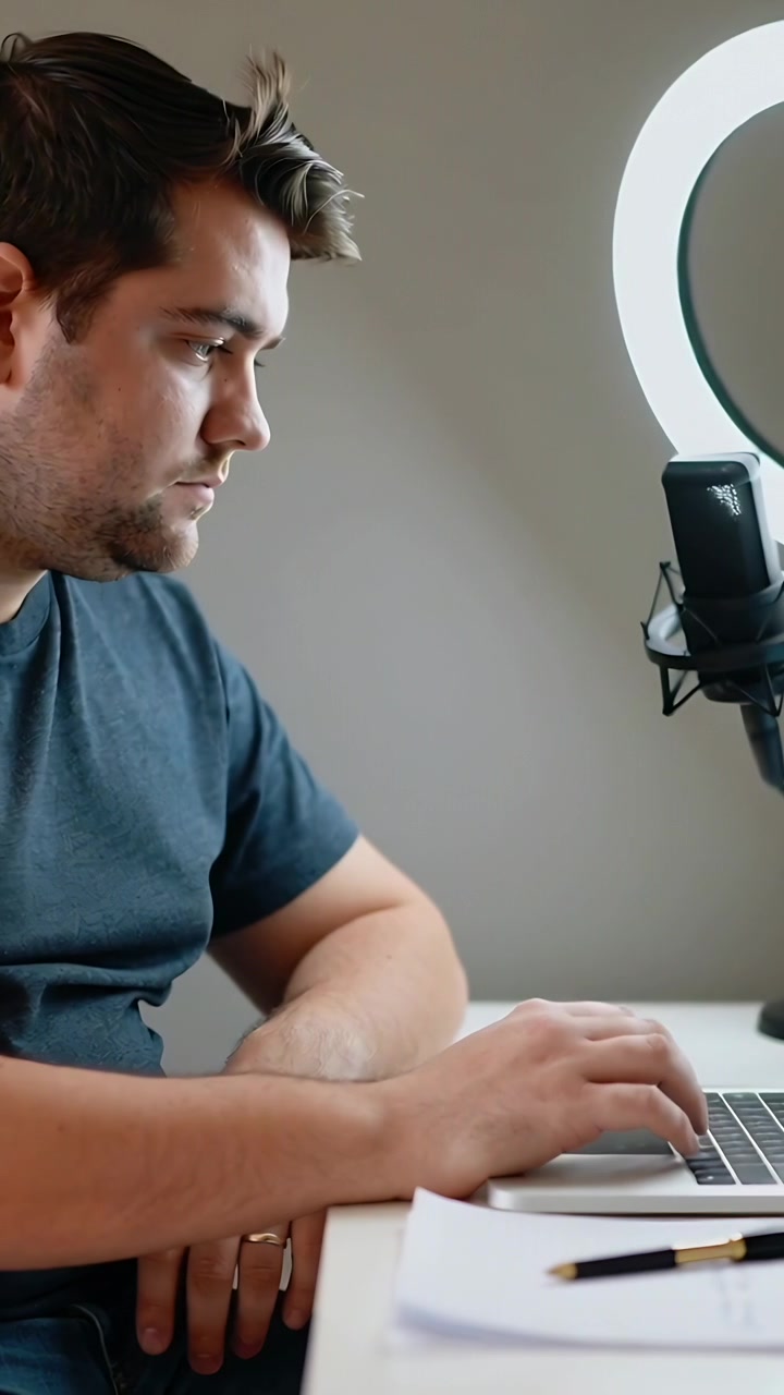 Wideo pionowe: Mężczyzna w ciemnej koszulce patrzy na ekran laptopa, pisze na klawiaturze, pracuje w domu z mikrofonem pierścieniowym LED.