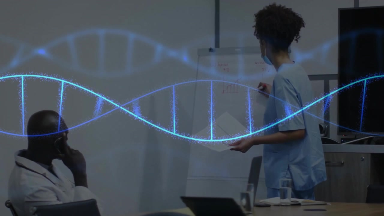 Medical nurse holding reports with DNA helix animation appearing on flipchart while doctor nodding