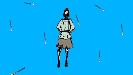 Animation-Von-Pinselsymbolen-Und-Modell-Auf-Blauem-Hintergrund