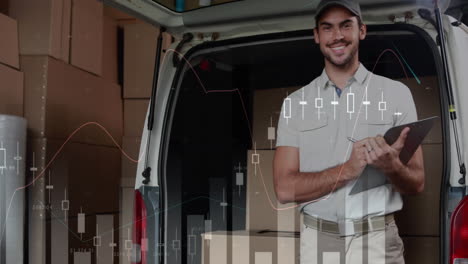 caucasian delivery man checks stock, smiles in logistics business.