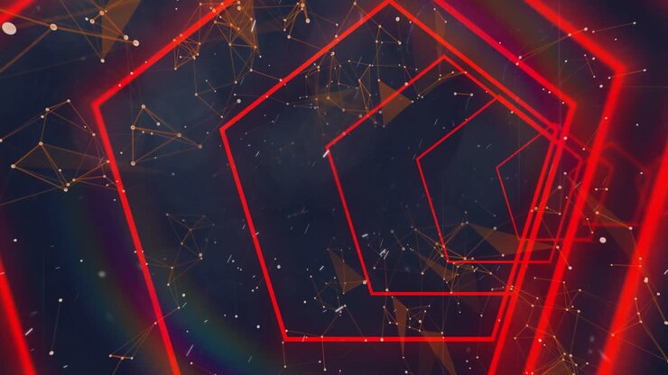 Animation of red neon geometrical shapes over network of connections