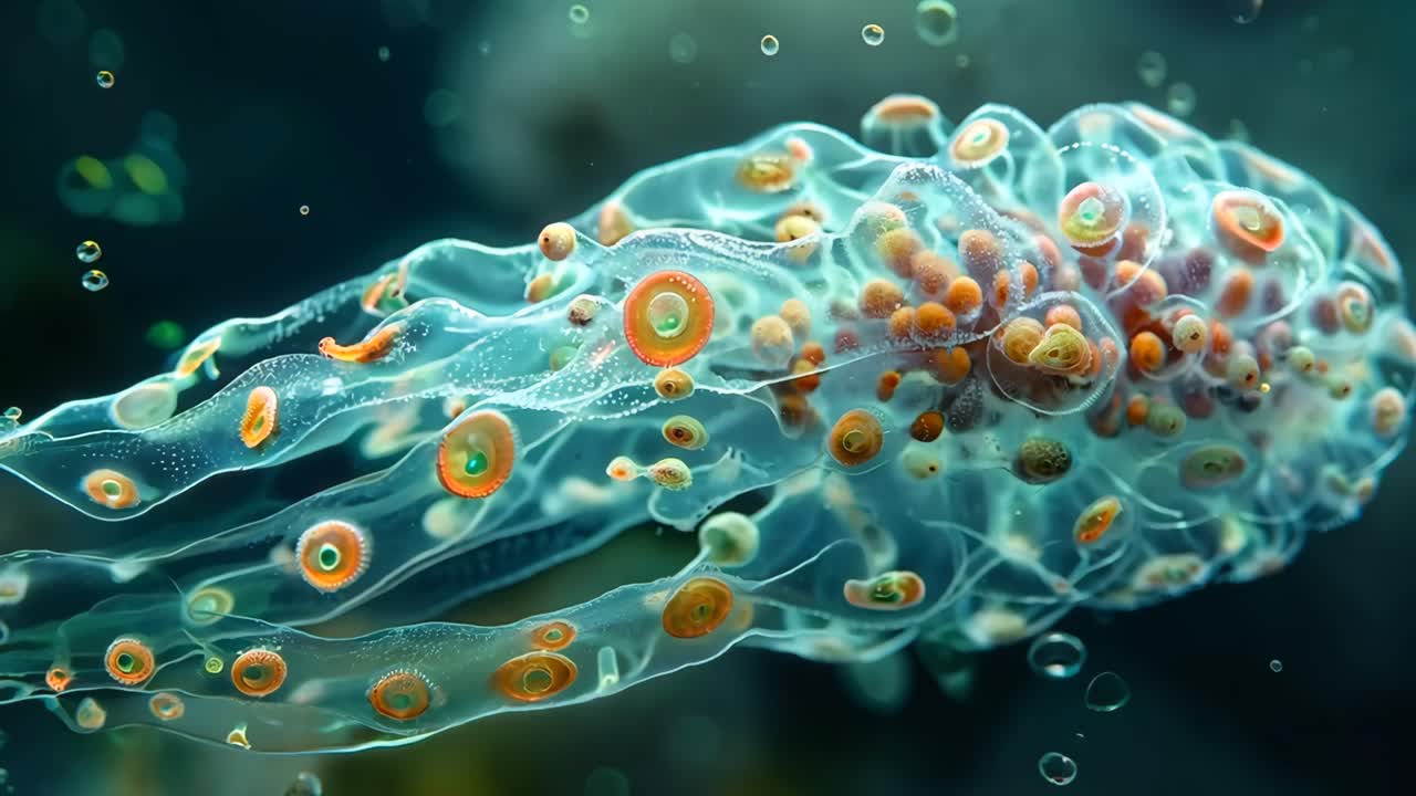 A jellyfish with many small orange dots on it. The jellyfish is in a clear blue ocean