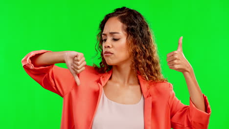 Doubt,-green-screen-and-face-of-a-woman-a-thumbs