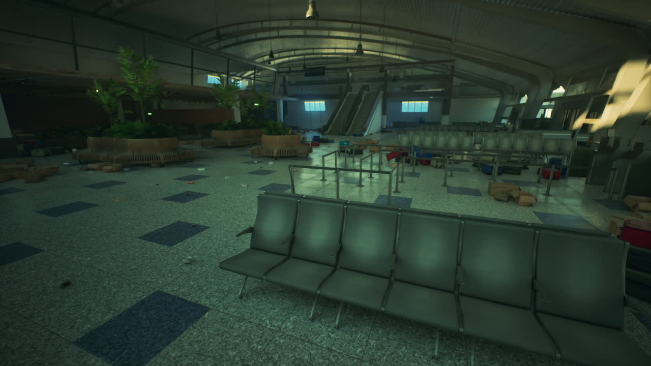 폐허로 가득 찬 버려진 공항 터미널의 잔해를 탐사합니다.