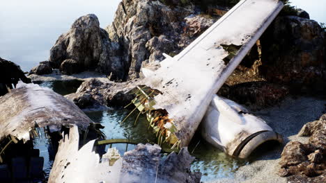 Plane-wreck-on-the-beach-with-rocks-near-ocean