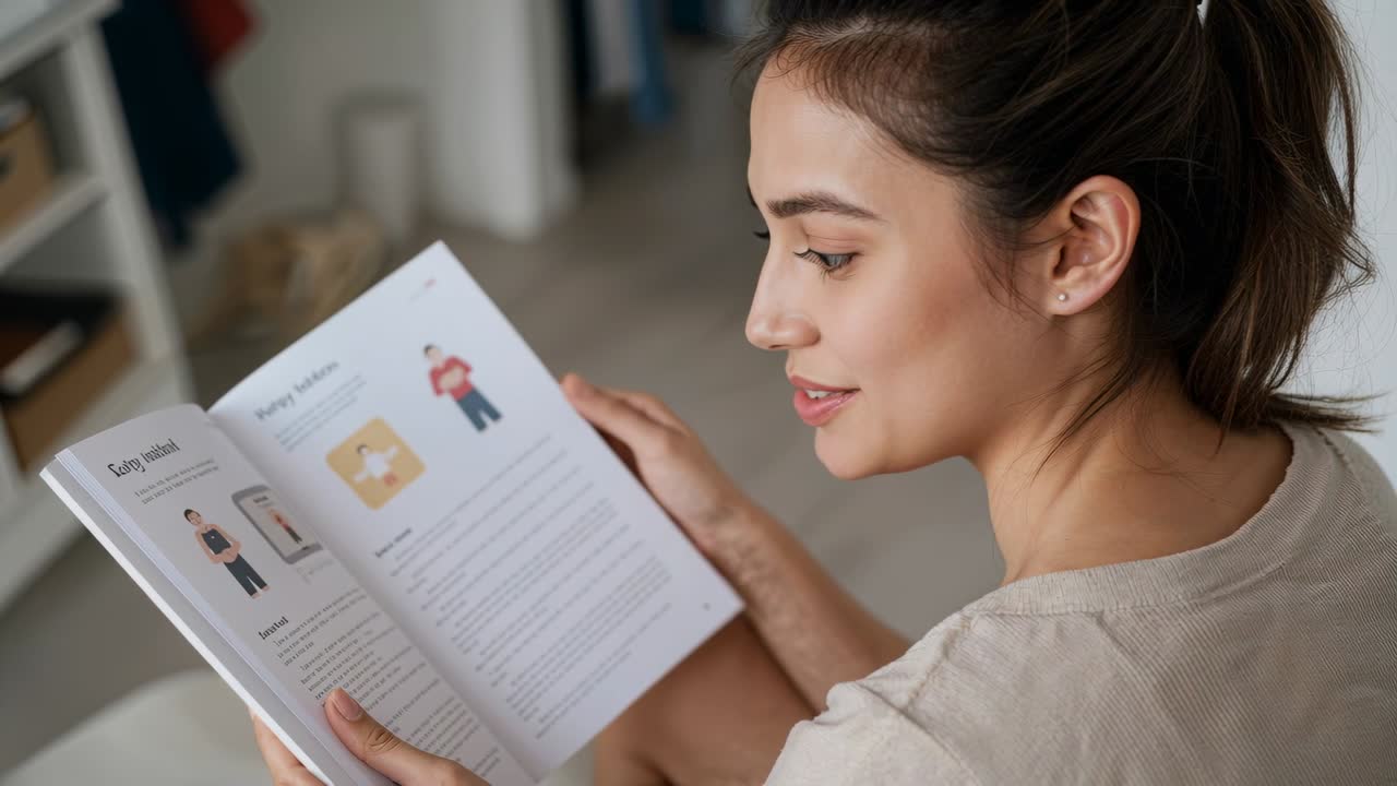 Woman smiling to camera then turning page and reading book with illustrations for study