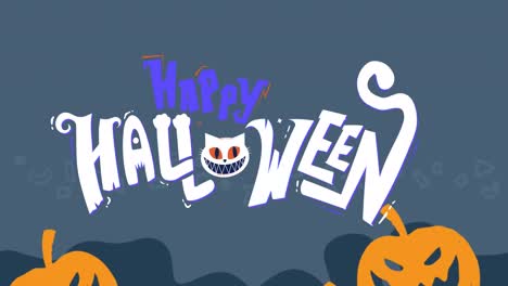 animation of happy halloween text over pumpkins on purple background