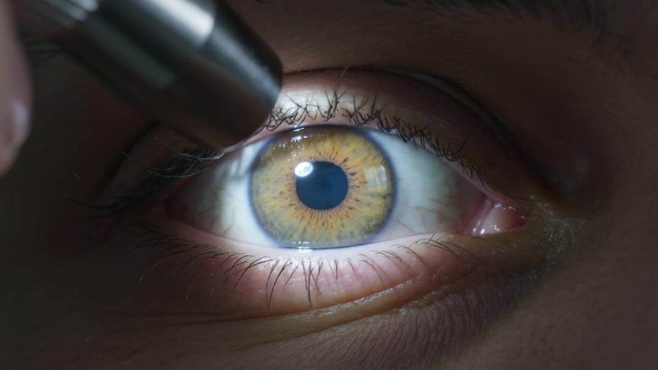 Un medico esamina l'occhio destro in clinica con una penna luminosa metallica, ispezionando pupilla e iride.