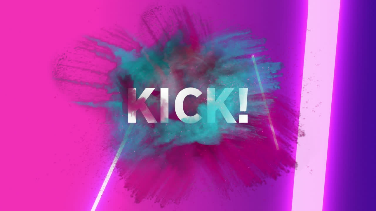 animación de texto de patada sobre nubes azules y rosas sobre fondo rosado y púrpura