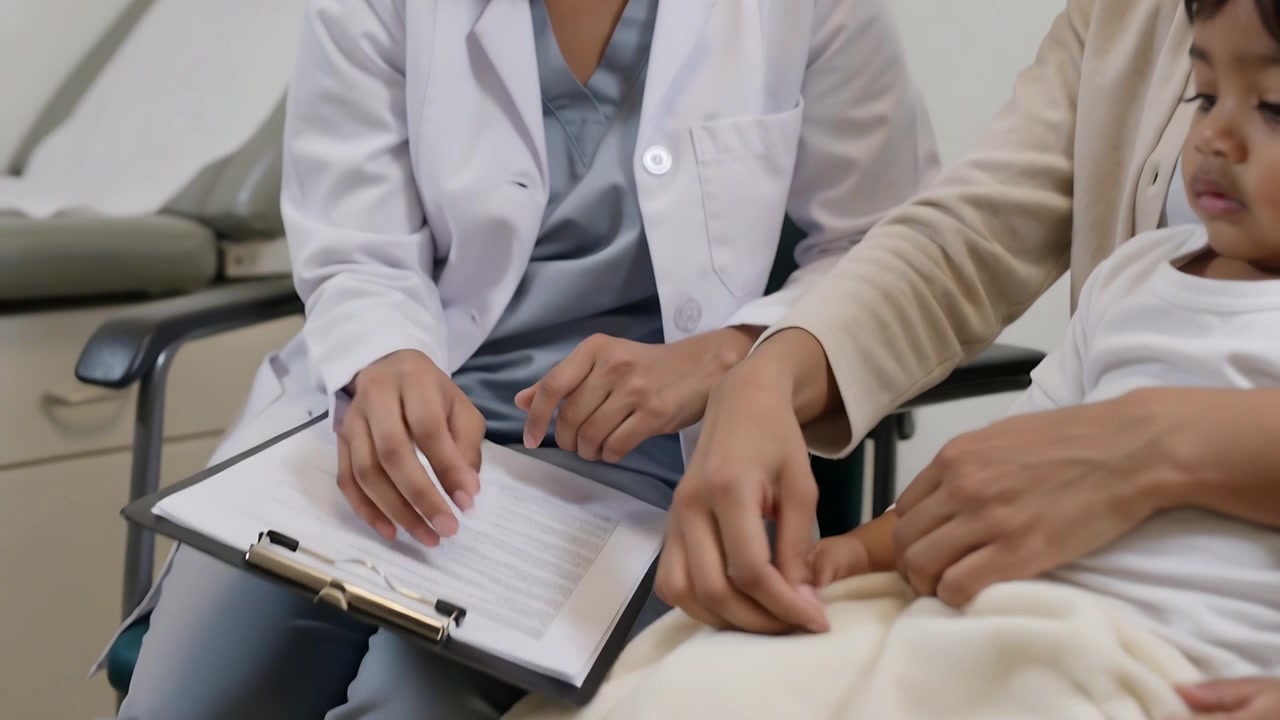 Dokter berjas lab meletakkan papan klip menunjuk bagan di klinik, orang tua merapikan selimut sambil mencatat pemeriksaan