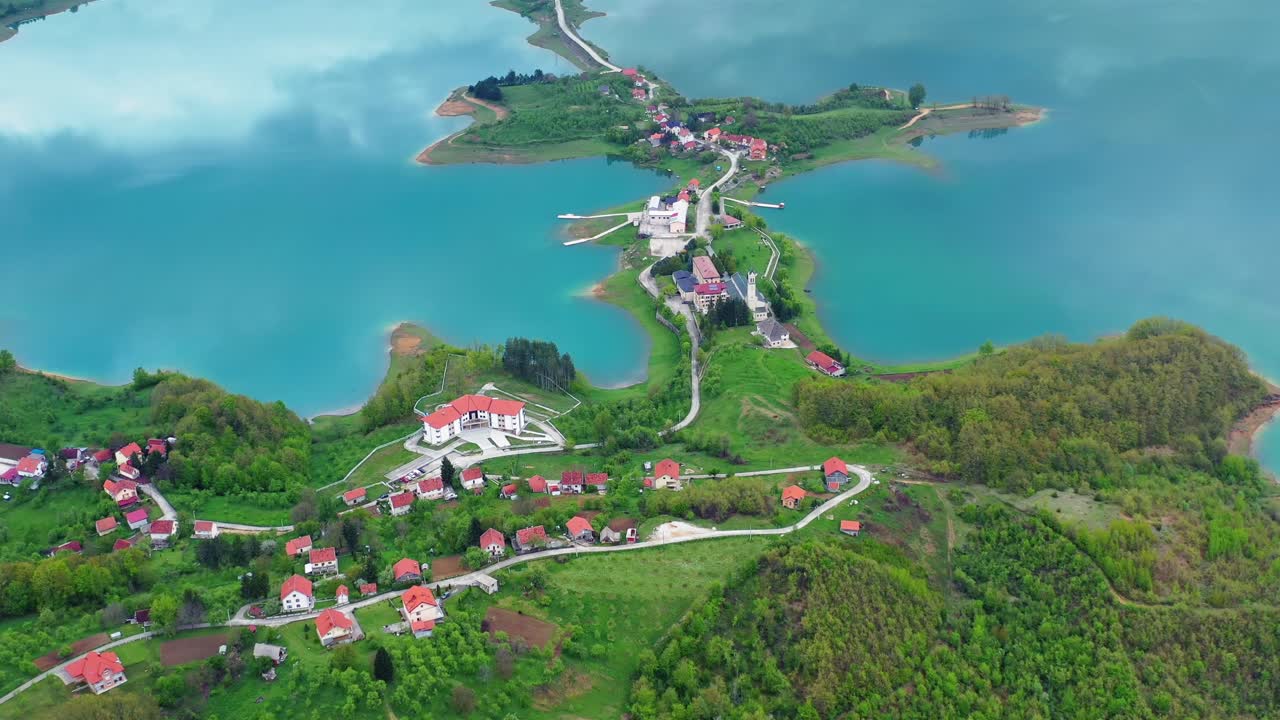 Isthmus at Ramsko lake in Bosnia and Herzegovina. Aerial view