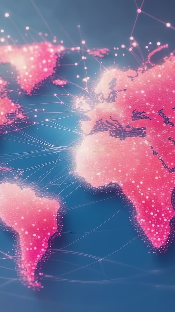 Vertical video: Opening digital world map animating nodes connecting continents, showing data flow