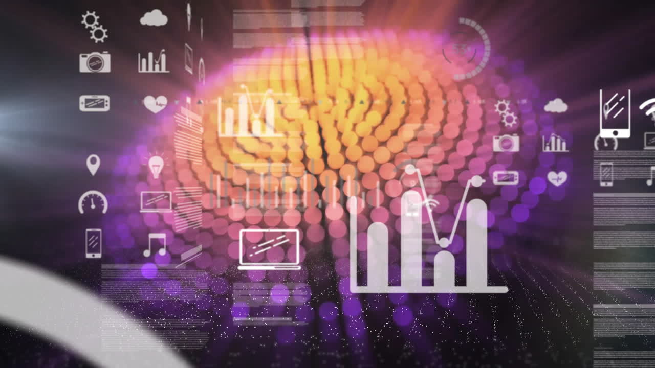 animación del procesamiento de datos con íconos sobre puntos de luz sobre fondo negro