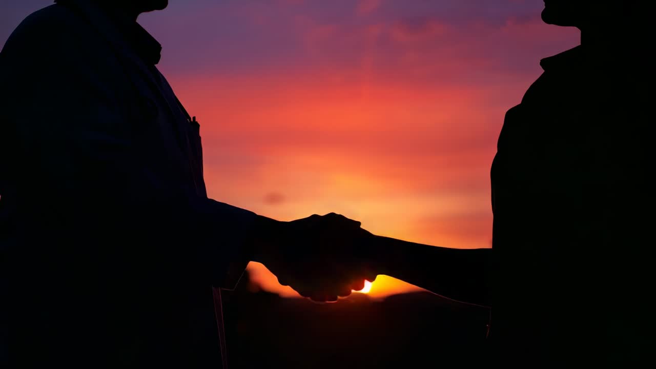 Lowering sun initiating handshake between silhouetted adults at sunset overlook, with sky gradient