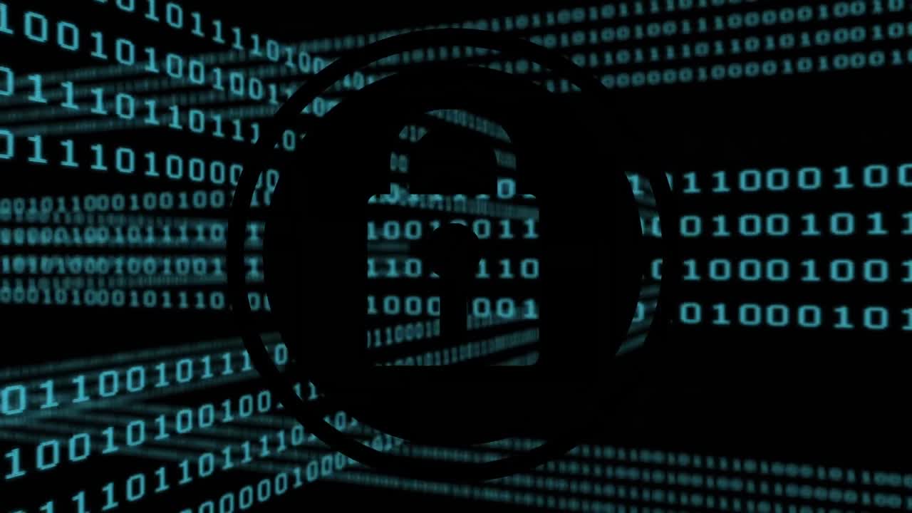 Animation of data processing and online security padlock over dark background