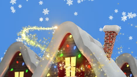 animation of shooting star over christmas houses and falling snow