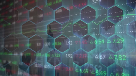 animación del procesamiento de datos financieros a través de una red de hexágonos.
