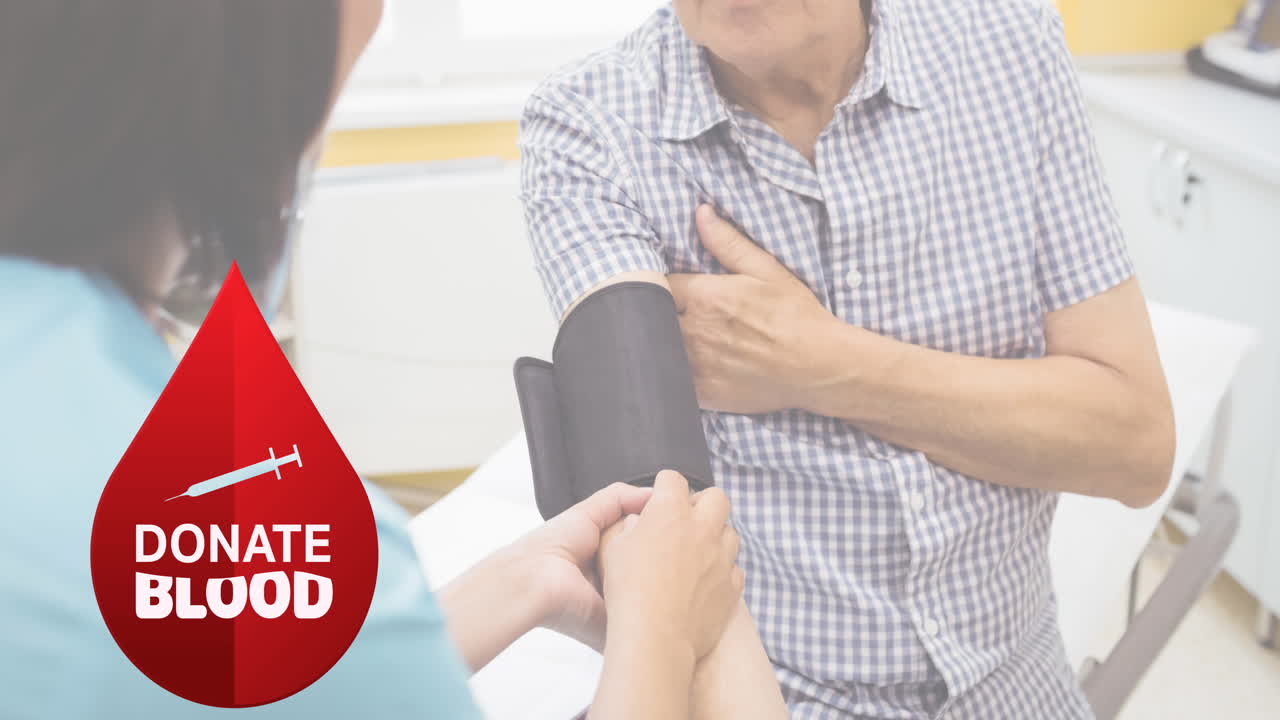 혈액  ⁇ 플을 채취하는 의사 위에 기증 혈액 텍스트의 애니메이션